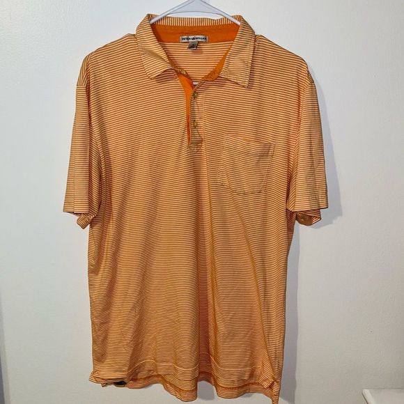 Peter Millar Men's Short Sleeve Orange & White Striped Polo Shirt medium top - Picture 1 of 8